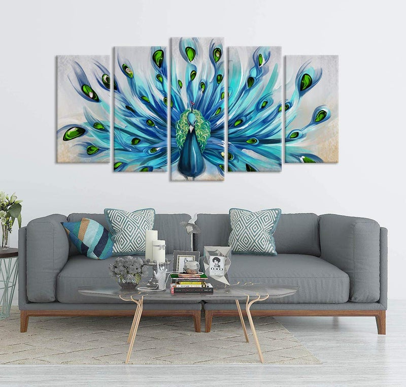 Zlove Peacock Canvas Wall Art Elegant Peacock Wall Decor Teal and Blue Animal Picture Prints for Living Room Bedroom Decor, 5Pcs - Image 2